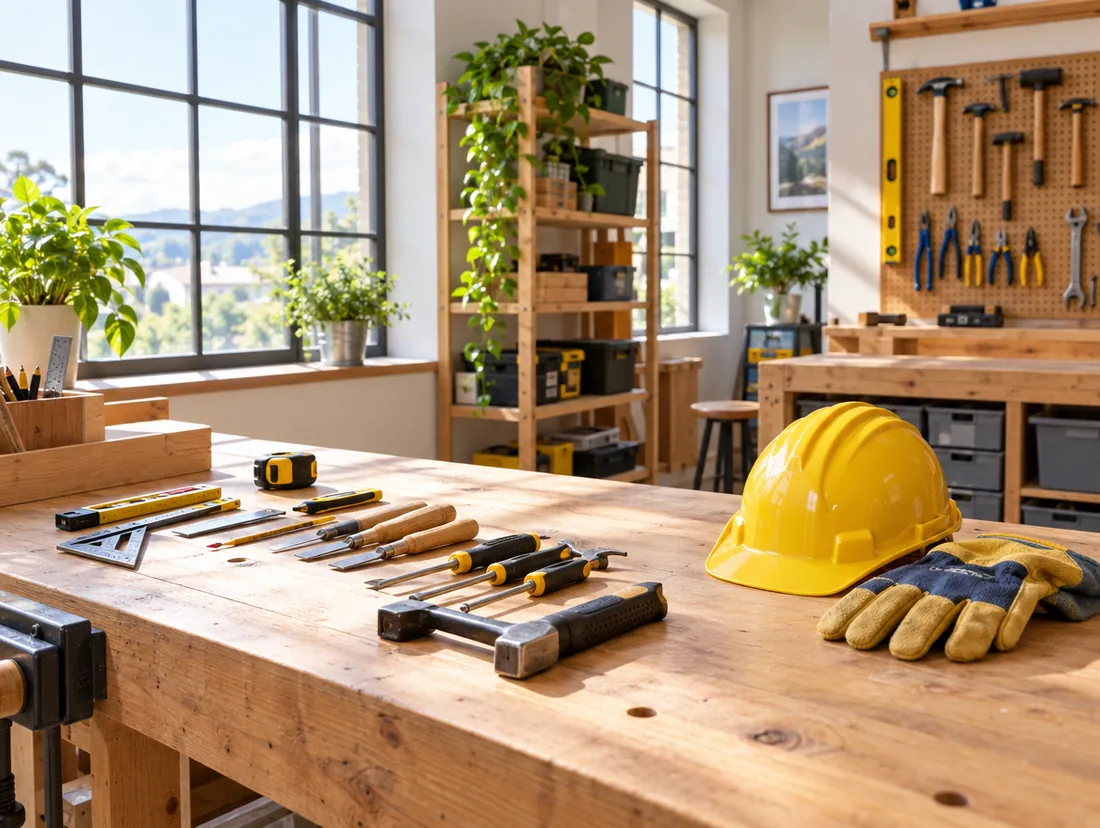 Werkplaats met gereedschap en planten